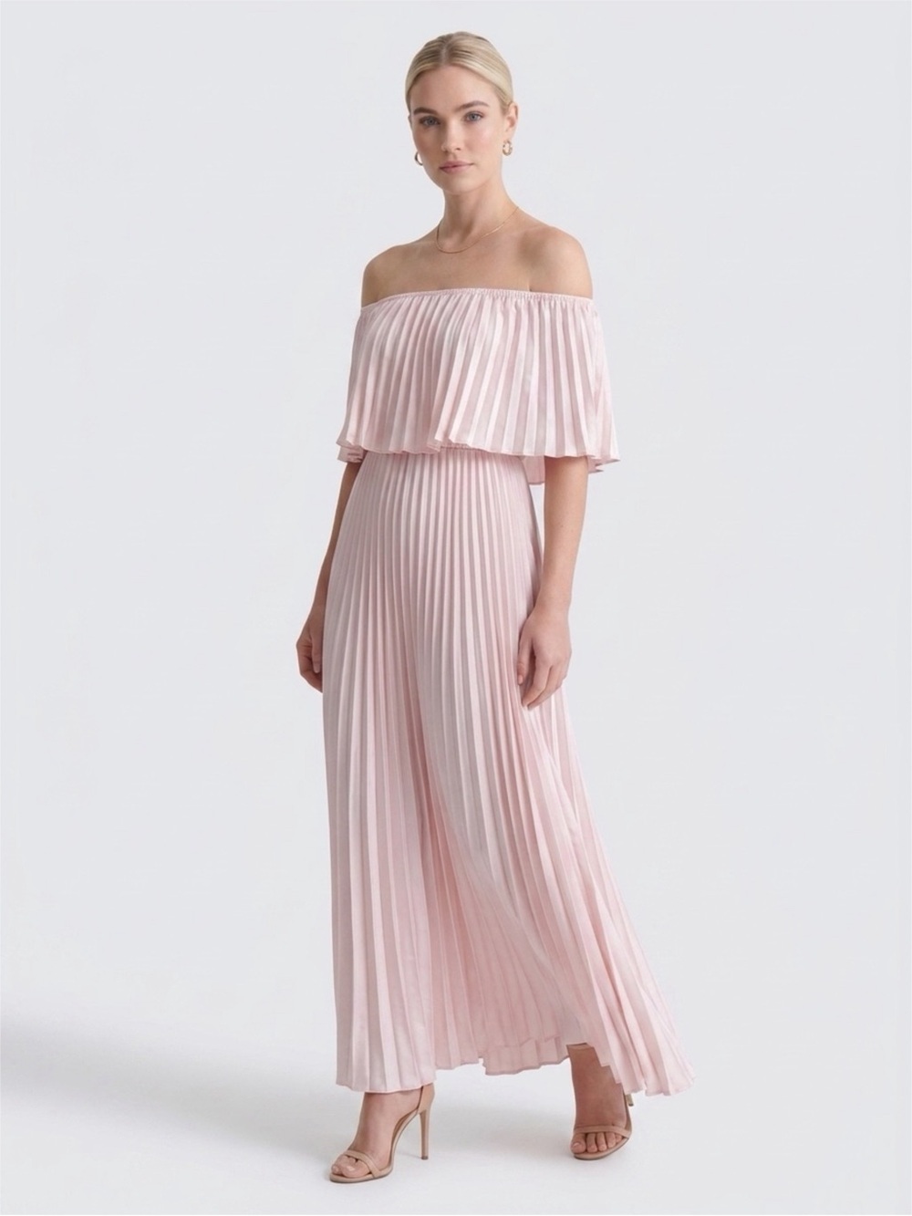Florcoo Nude Pink Off-Shoulder Pleated Bridesmaid Dress NWT